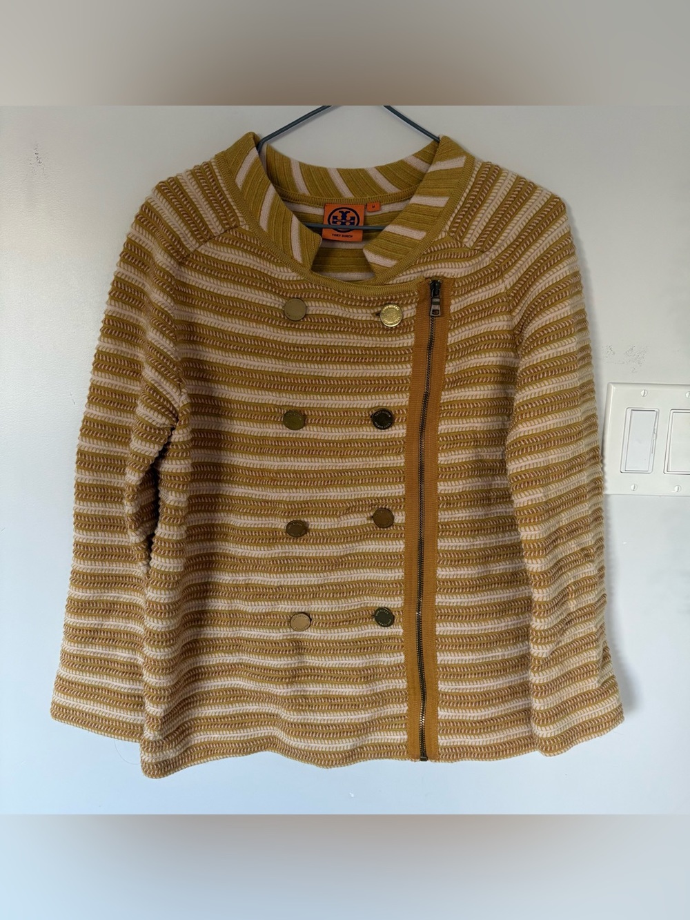 Tory Burch Mustard Yellow Knit Asymmetrical Zip Cardigan Sweater M Style 111235
